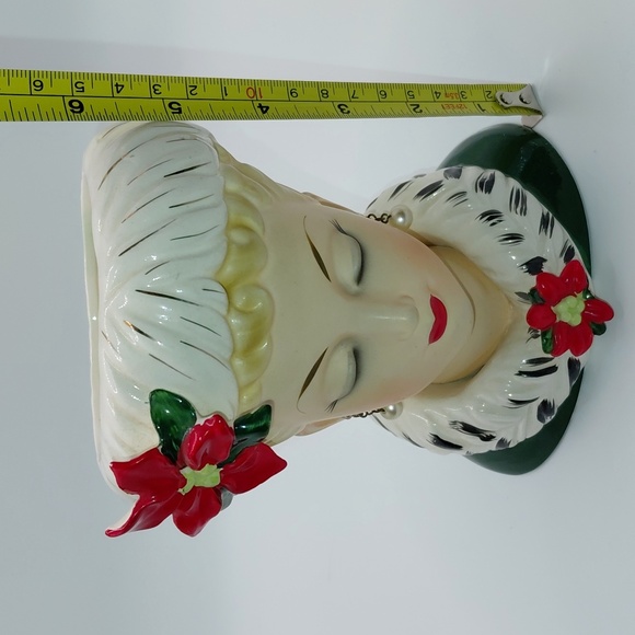 Vtg 1961 Inarco Blonde Girl Christmas Head Vase Earrings Hat Poinsettia VGVC - Picture 12 of 12